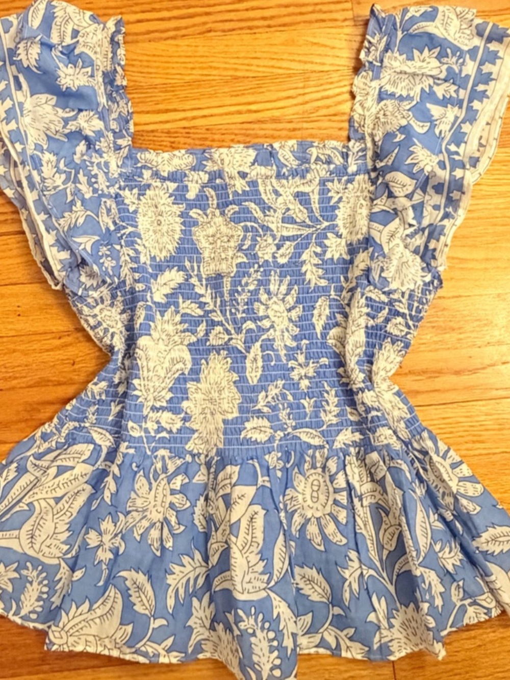 Stylish Blue and White Floral Smocked Blouse